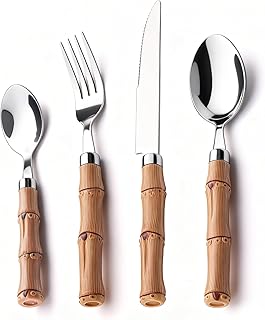 Stainless Steel Flatware Set for 6, 24 Pieces Wood Grain Printed Plastic Handle Cutlery Set, Rustic & Modern Silverware Set, Knives Forks & Spoons Set for Family Dining, Camping, Parties