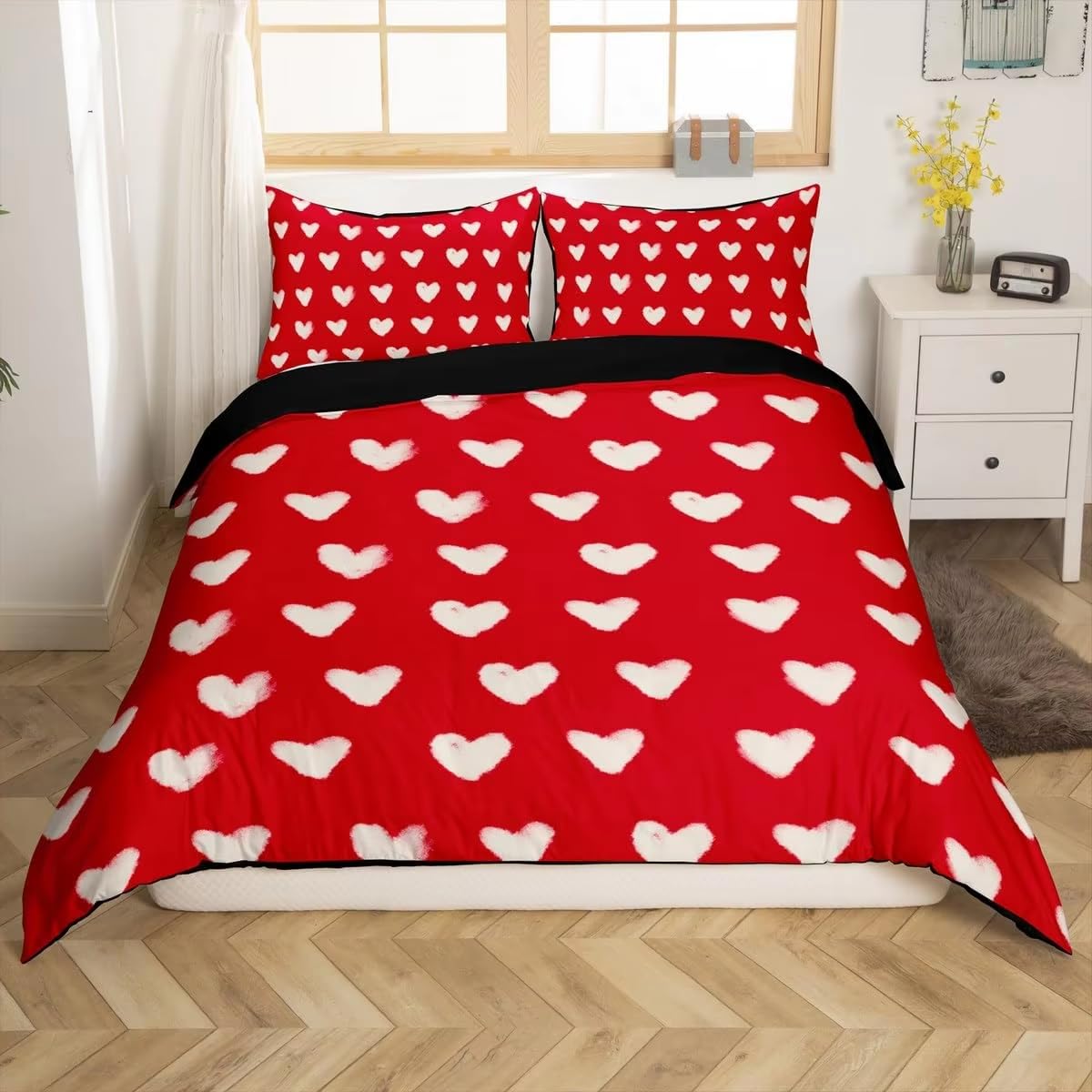 Housse de couette à motif cœur blanc pour chambre d'enfant et ado, parure de lit cocooning rouge