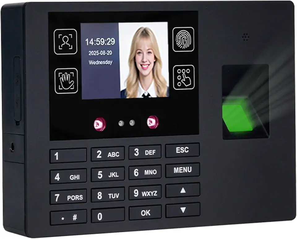 Relógios de ponto de funcionários para pequenas empresas, máquina de tempo versátil 4 em 1 (rosto + impressão digital + impressão da palma + PIN), relógio de perfuração de máquina de