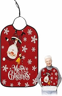 Kewadony Adult Bibs for Elderly Women - Merry Christmas Waterproof Dining Clothing Protectors with Crumb Catcher for Eating/Feeding, Red Santa Snowflake Xmas Small Bell Terry Cloth Bib Washable