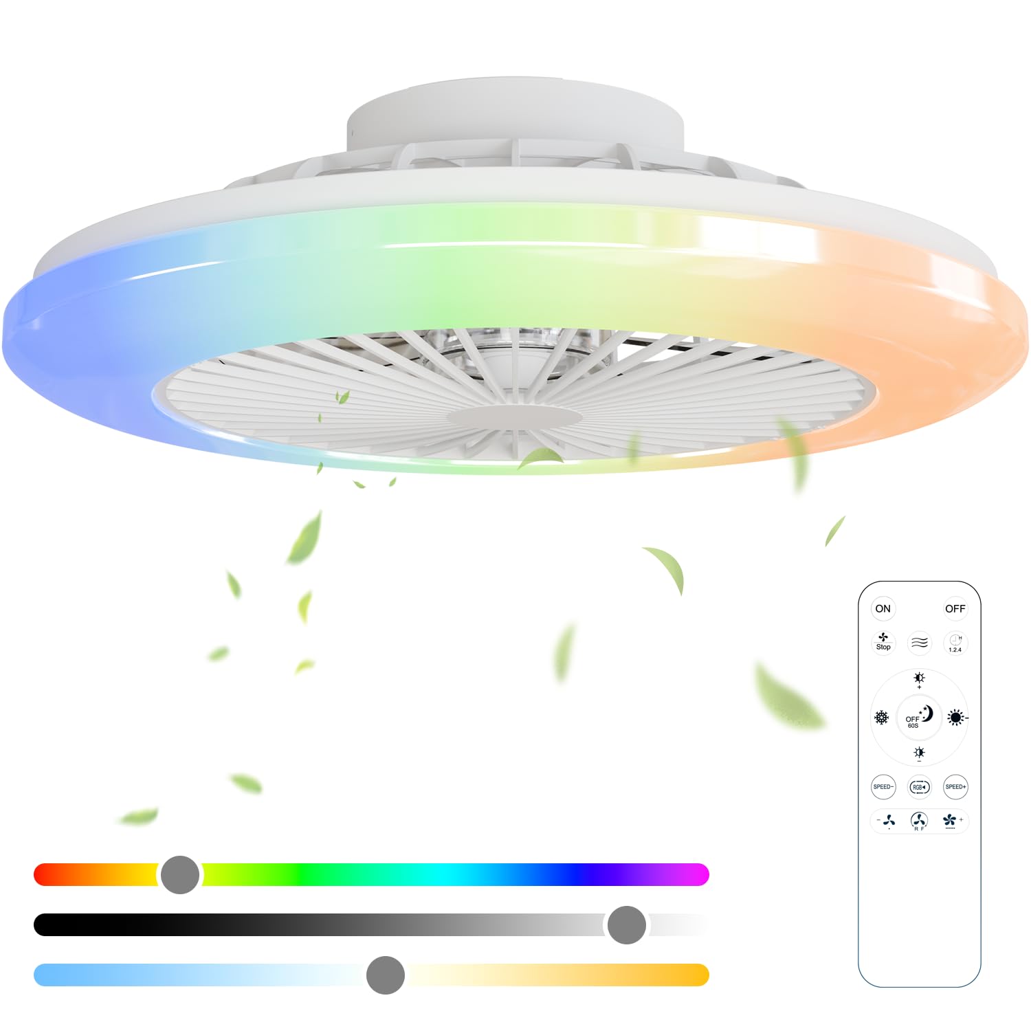 Epochglo Ventilador de Techo con Luz Silencioso 40W, Ventiladors de Techo 4200LM RGB 3000K-6500K sin Aspas, DC 20W Lampara Ventilador Techo LED y Mando Modernos para bajo plafon Dormitorio 19.1 Inch