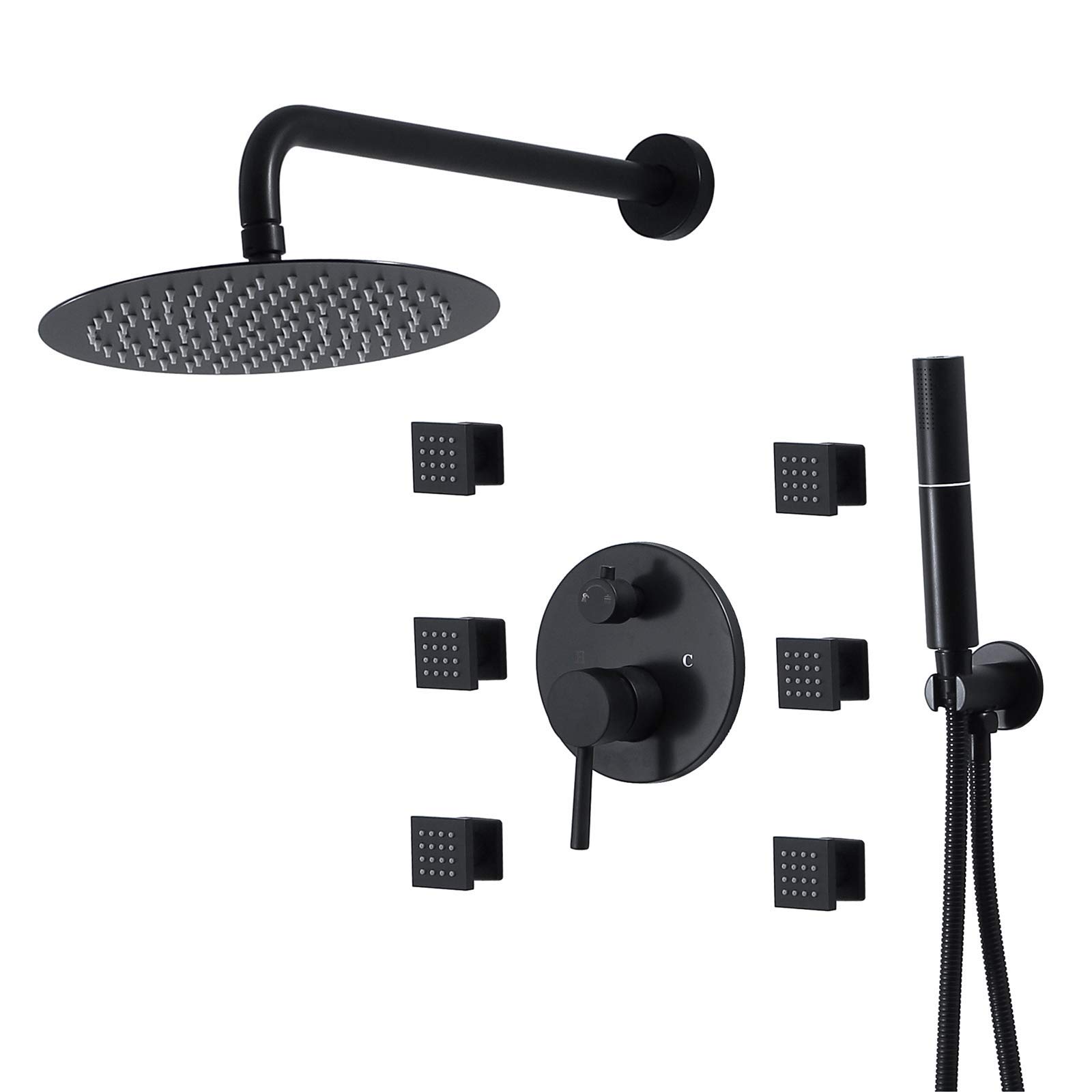 QUSYZD Black Rain Mixer Shower Combo Set Wall Mounted Bathroom Shower Faucet Set with 10 Inches Round Shower Head, Handheld Shower,