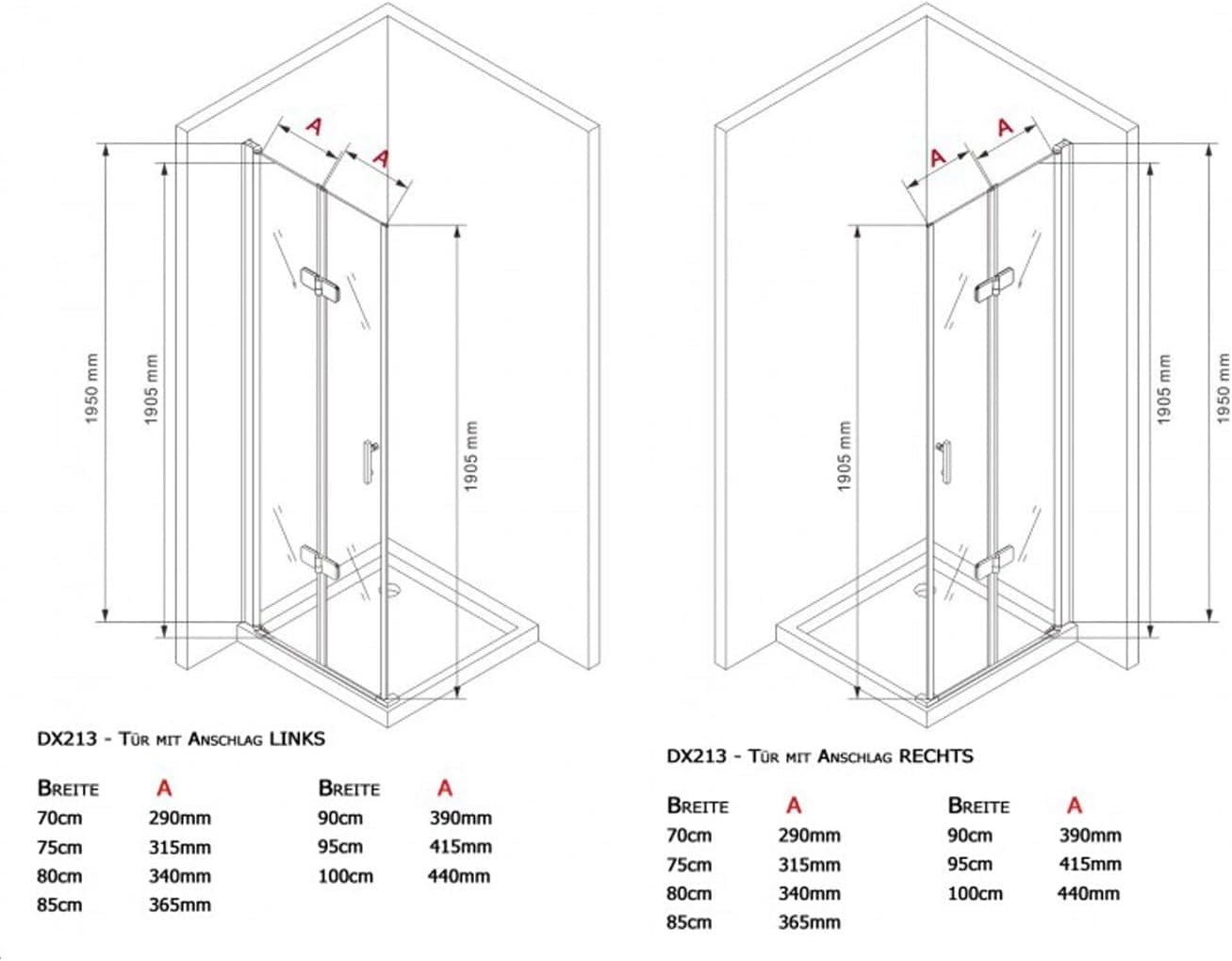 BERNSTEIN Prysznic narożny z drzwiami składanymi Kabina prysznicowa DX213 wejście narożne 75 x 100 cm (prawe x lewe) 8mm ESG z mechanizmem podnoszenia/opuszczania prysznic klamka ze stali nierdzewnej
