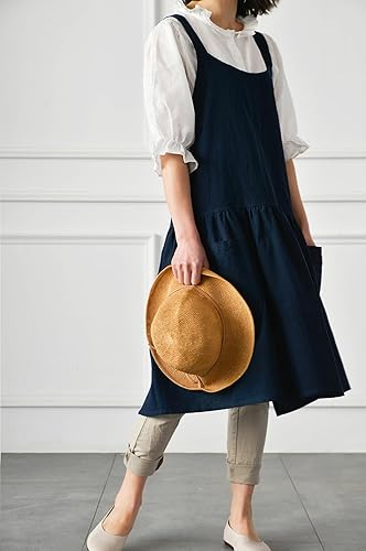 Miniatura 6 de NEWGEM Delantal de lino y algodón con espalda cruzada para mujer, con bolsillos para cocinar, hornear, color azul marino con lazos en la cintura