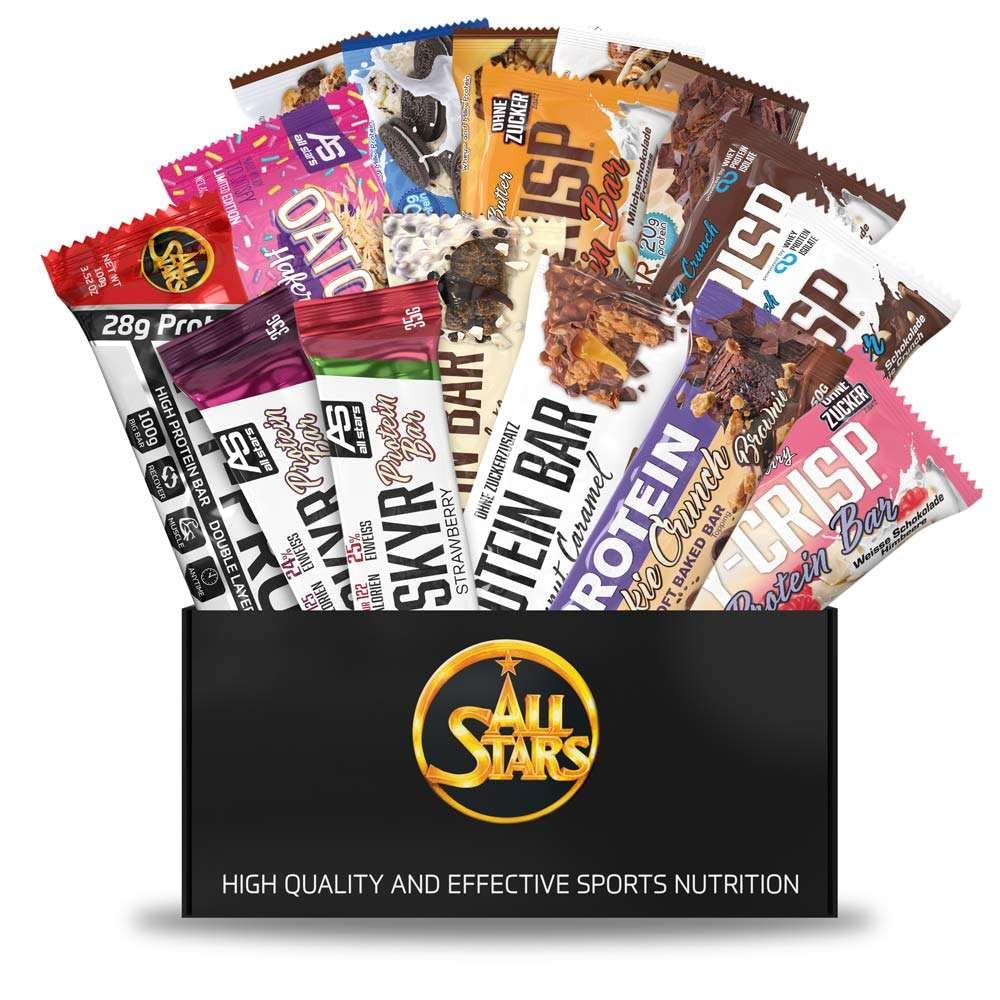 ALL STARS Protein Riegel Box XXL, 32 verschiedene Sorten & Größen | Mix-Paket mit 32 Proteinriegeln, bis zu 17g Eiweiß pro Riegel, Protein-Snacks, Keto & Low Carb geeignet