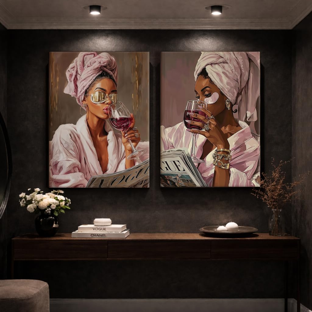 Framed African American Bathroom Wall Art Set Of 2 Black Woman Glam Fashion Canvas Prints Spa Decor For Vanity Beauty Room Bedroom Salon 12 X 16 Inches