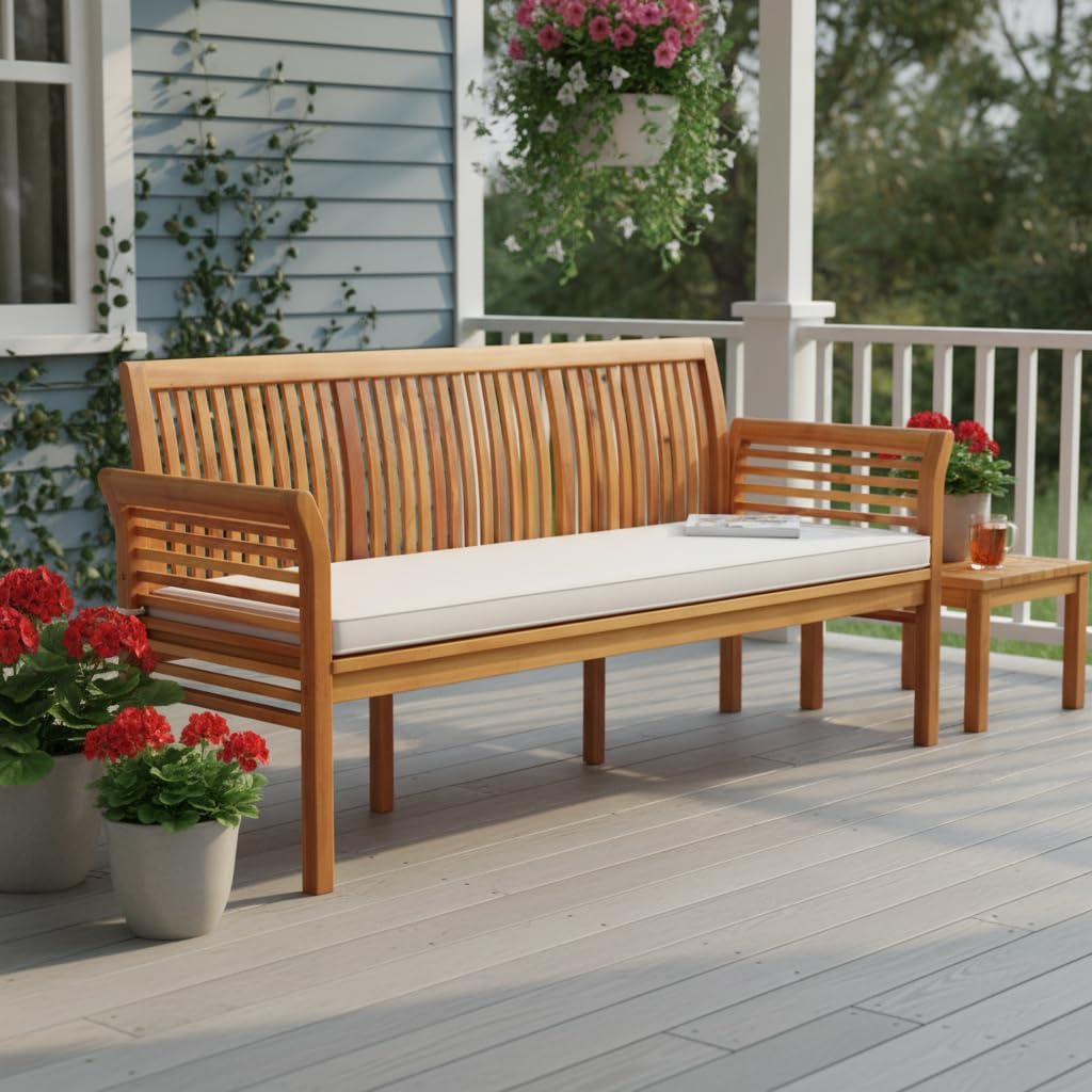 Tangkula 3-Seat Patio Acacia Wood Bench with Cushion, 62.5” Extra Long Outdoor Chair with Dense Slatted Backrest & Armrests, 1200 lbs Weight Capacity, Outside Bench for Yard, Balcony, Porch & Garden