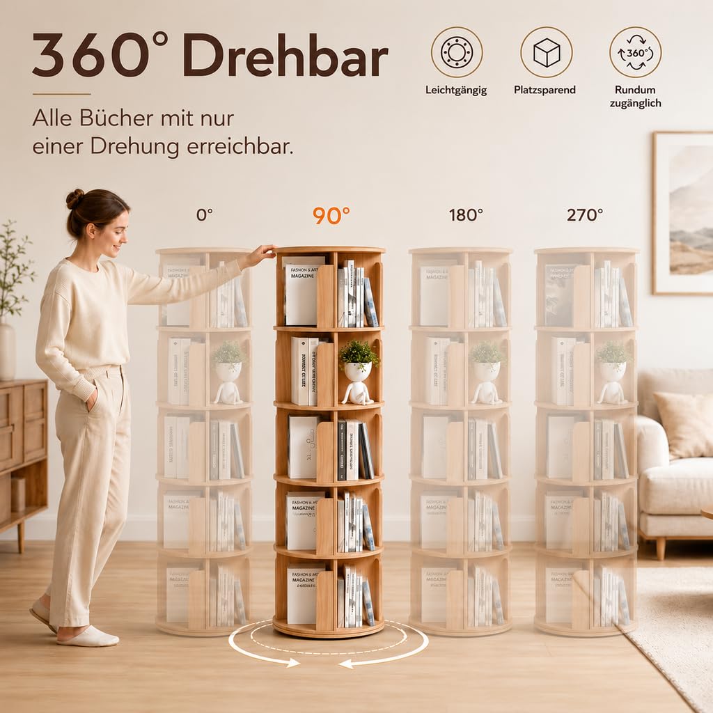 Drehbares Bücherregal aus Holz - 100% Massivholz - Premium Qualität - Platzsparend - Drehregal Bücher Bookcase Rotating Bookshelf Rundes Bücherregal Kinder Drehbar Bücherbaum (5 Böden)