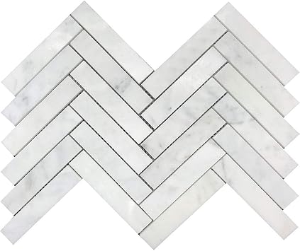 Tenedos Carrara Marble 1x6 Long Herringbone Mosaic Tile Polished Elegant Natural Stone for Kitchen Backsplash, Bathroom Walls, Showers, Fireplace Surrounds, and Flooring