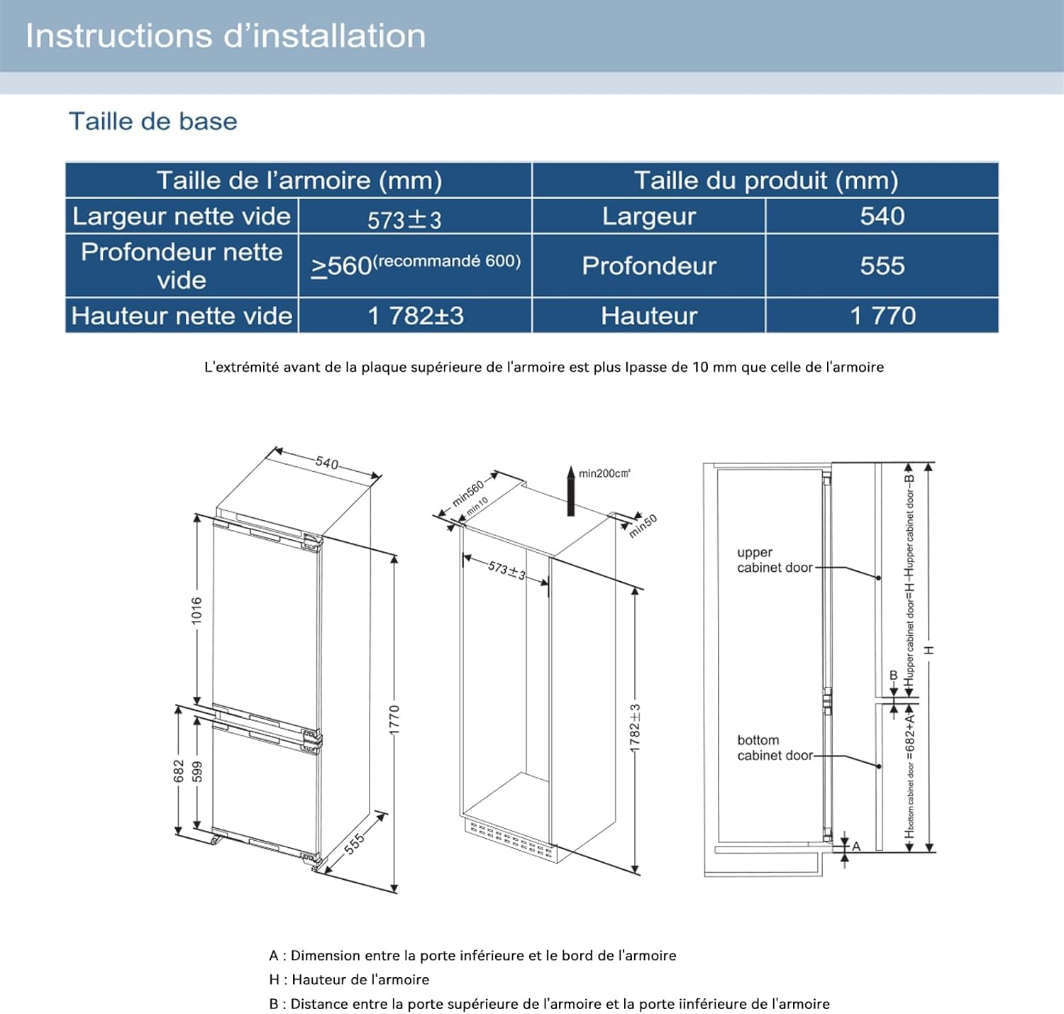 Einbaukühlschrank mit Gefrierfach 177 cm x 54 cm No Frost Plus 248L 186L/62L Energieeffizient Leise Türs Wechselbar