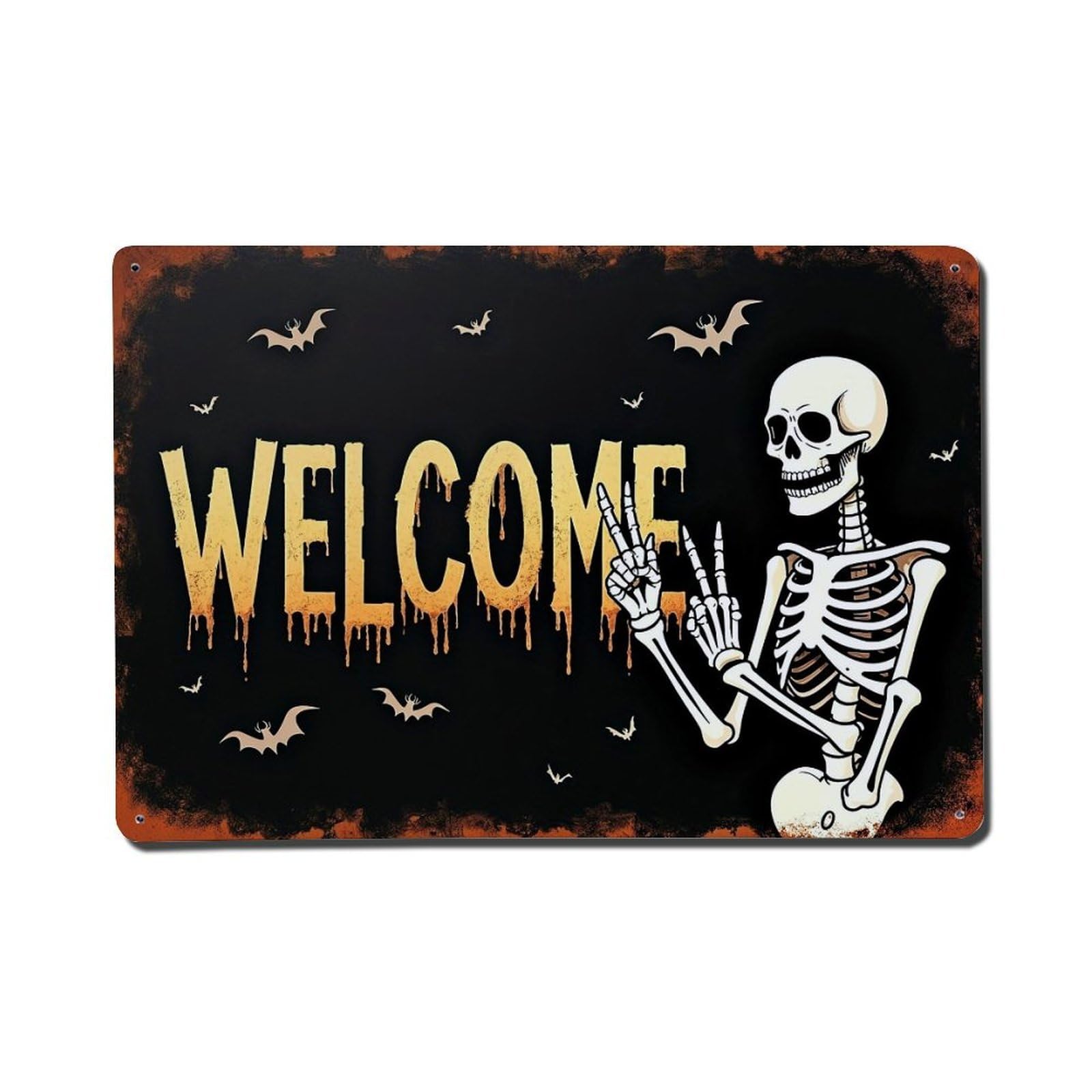 Welcome Skeleton Bats Halloween Sign Retro Metal Tin Sign, Vintage Decor Art Poster for Bar, Home, Man Cave, Kitchen, Laundry Room Gift 8x12Inch