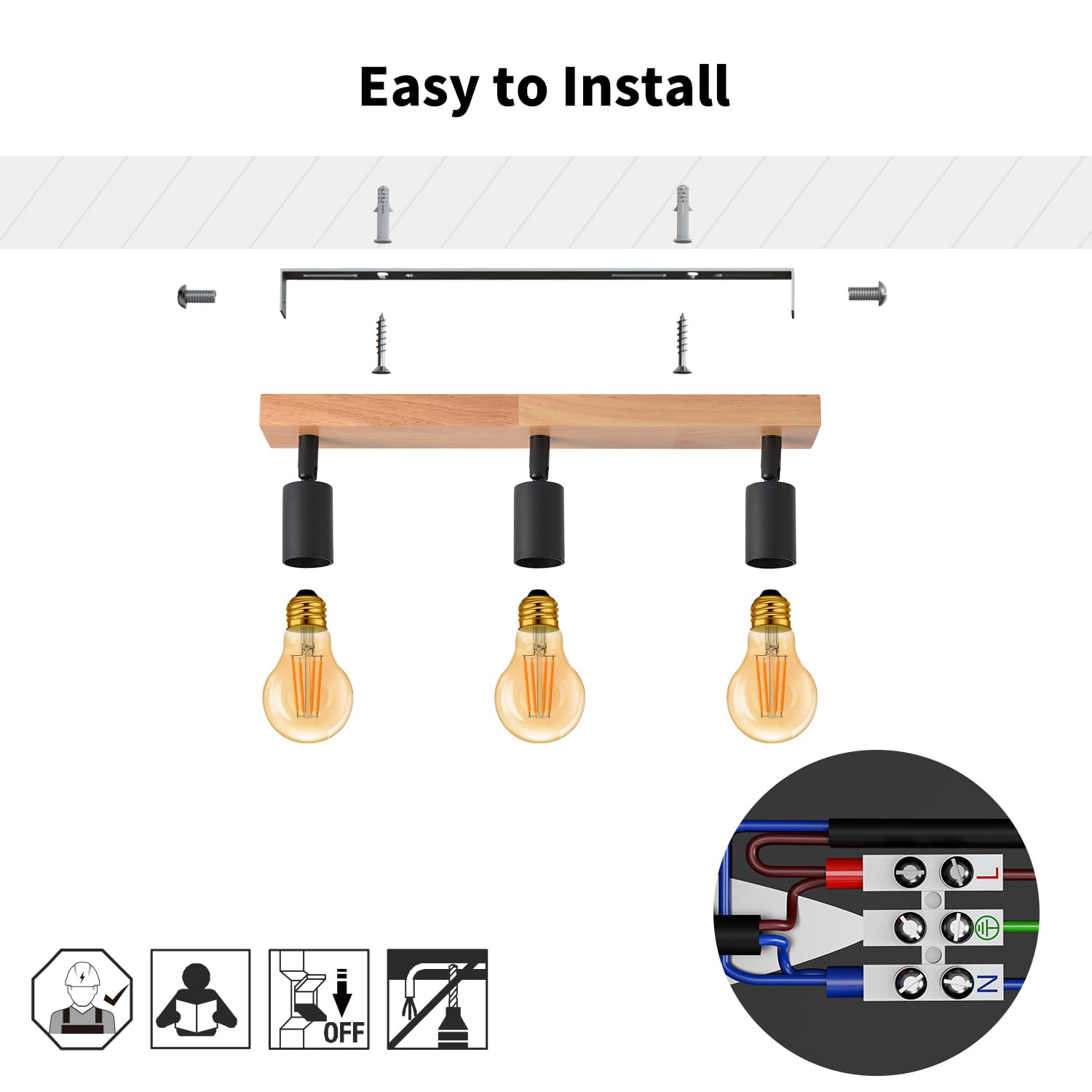 LVWIT Plafonnier 3 Spots LED E27, Luminaires Intérieur Noir, Plafonnier Bois avec Base Rectangulaire, Applique Murale Chambre, Lustre salle à Manger(Sans Ampoules)