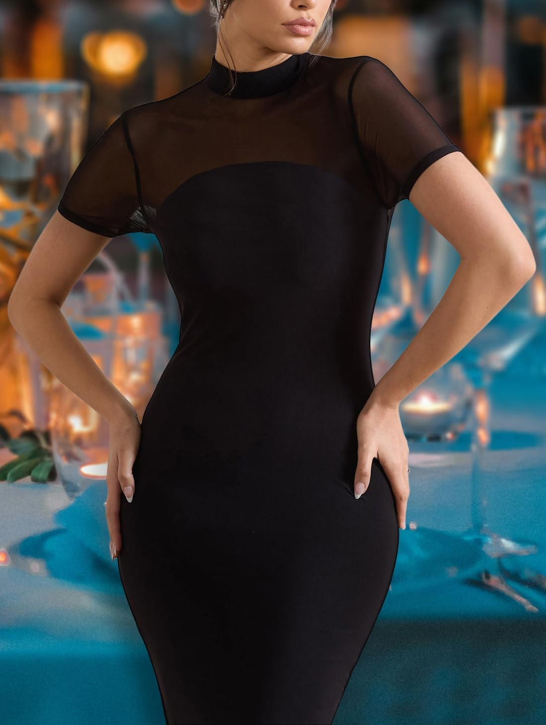 Women's Casual Mesh Short Sleeve Bodycon Mock Neck Keyhole Back Slim Club Party Midi Dresses - Image 6