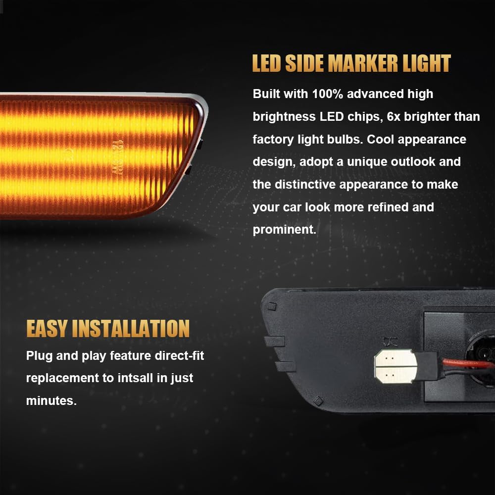 D-Lumina LED Side Marker Turn Signal Light Kit Smoked Lens Amber for VW Golf Jetta MK4 1999-2005, MK4 GTI R32 2000-2003, Front Bumper & Fender Side Marker Lamp, Replace OEM Sidemarker Lamps, Pack of 4