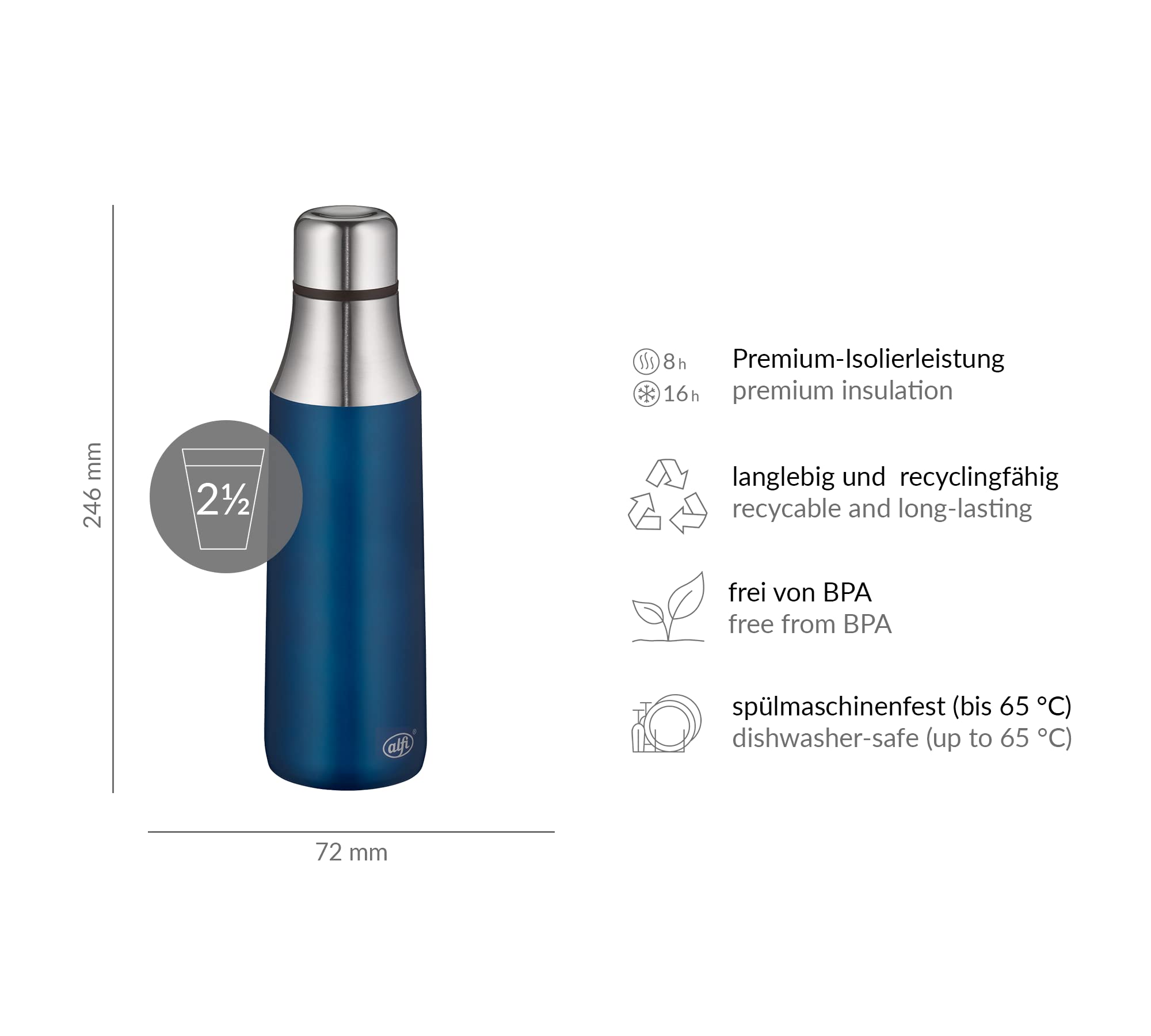 alfi CITY BOTTLE 500ml, mystic blue, Edelstahl-Trinkflasche ohne Plastik, robuste Thermoflasche auslaufsicher, hält 16 Stunden kalt, absolut dicht, Flasche für Kohlensäure, spülmaschinenfest, BPA-frei