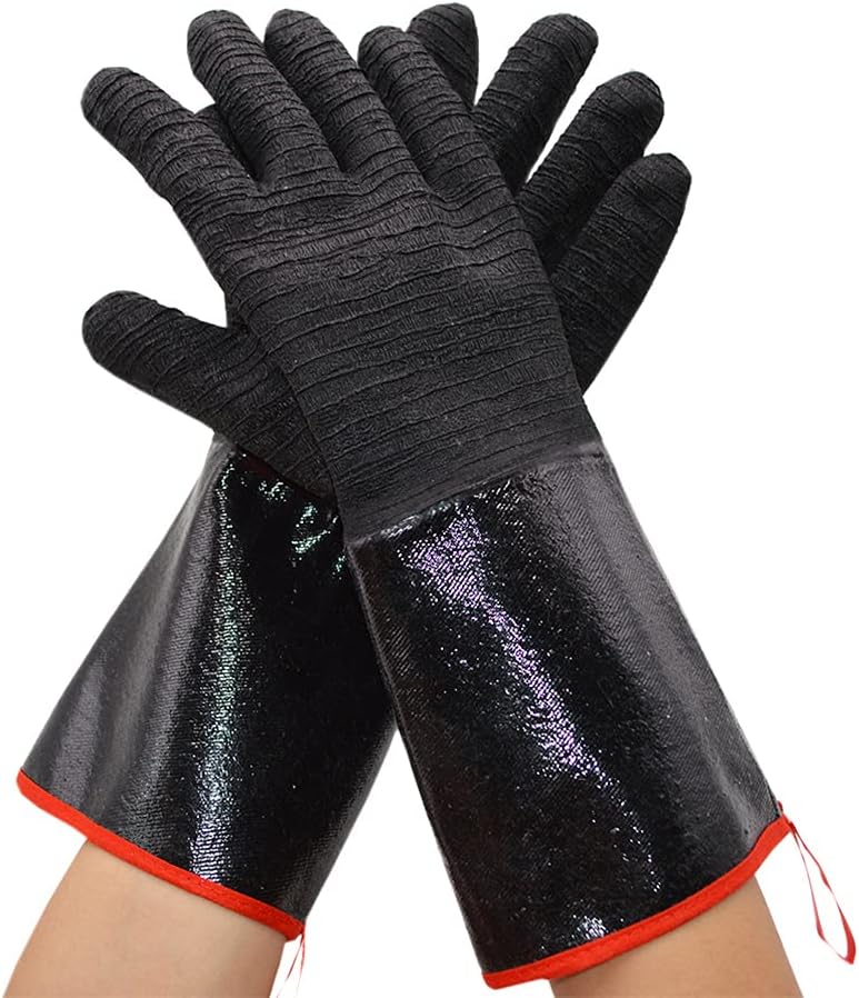 BBQ Gloves 14 Inches,932℉,Heat Resistant, Grill, Cooking Barbecue, to Handling Heat Food Right on Your Fryer,Grill,Oven.Waterproof,Fireproof,Oil Resistant Neoprene Coating （2 Pairs） (Long-14 inches)
