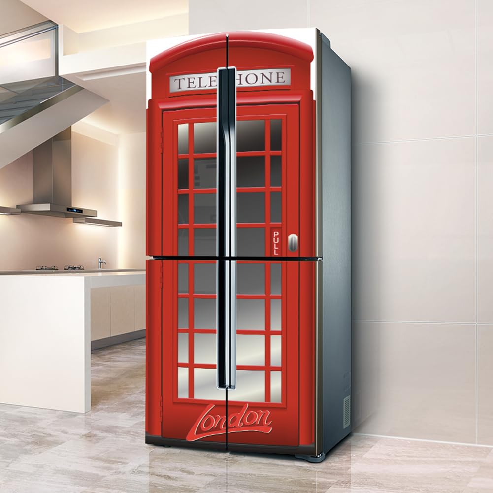 Fridge Sticker, Fridge Sticker Full Covering Door Covers Decor, Freezer Skins wall Stickers for Kitchen Decal, Retro red Telephone Booth London(L: 100x180 cm)