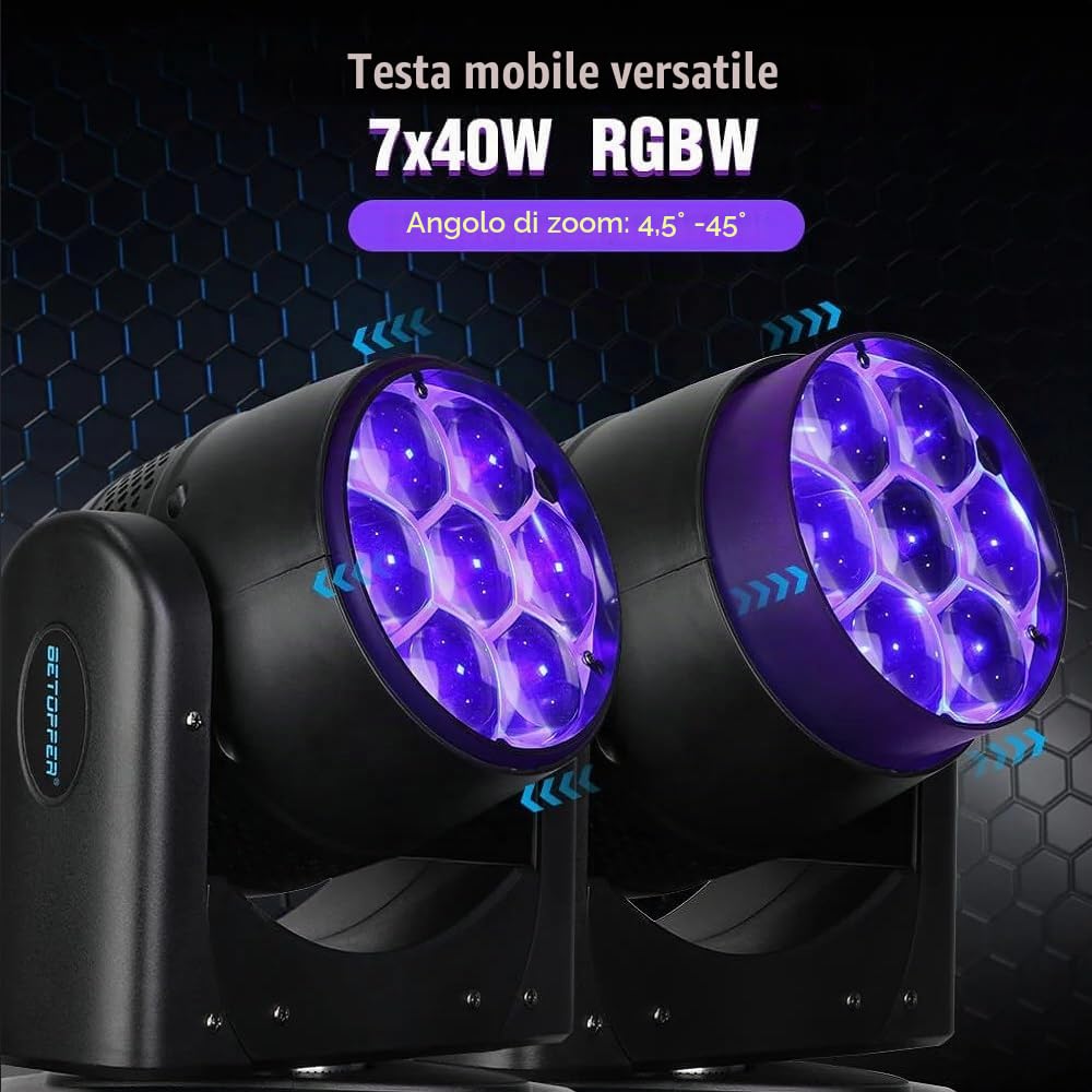 BETOPPER Teste Mobili 7 * 40W Luci Discoteca con Controllo Pixel, RGBW Beam/Wash/Zoom Bee Eye,Luci Spot per Illuminazione da Palco con Attivazione Sonora per Party, Club, Bar, e Casa (LM0740D))