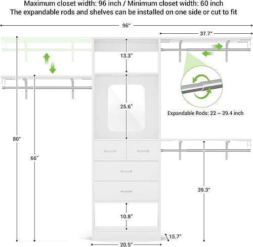 Miniatura 7 de Unikito Sistema de armario de 8 pies con 4 cajones, organizador de armario de madera de 96 pulgadas con espejo y varillas para colgar, inserto