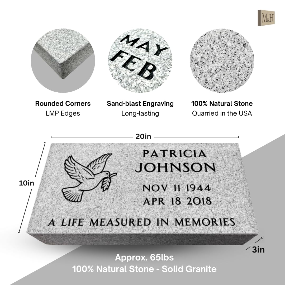 Flat Headstone Grave Marker - 20 x 10 x 3"- Gray Granite Headstone for Grave, Cemetery or Garden - Solid Natural Stone, Tombstone, Grave Stone with engraving
