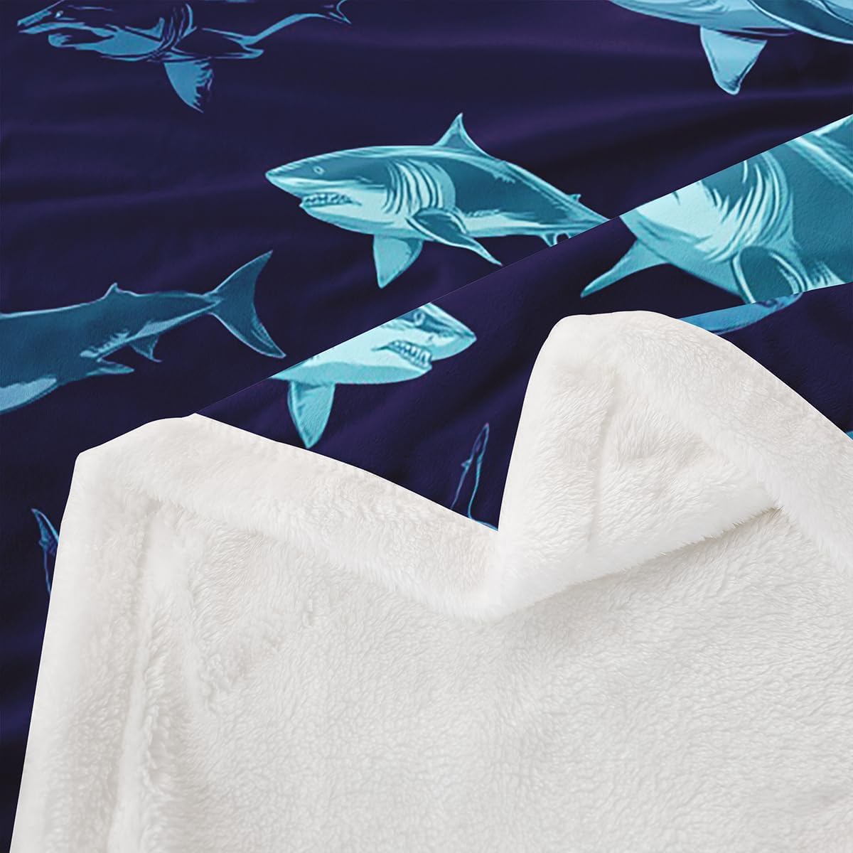 Sharks Sherpa Blankets Large Reef Shark Fleece Blanket Deep Ocean Animal Fuzzy Blanket for Kids Boys Girls,Rodents Wild Marine Life Hawaiian Throw Child Room Decor Twin 60"x80" Navy Blue