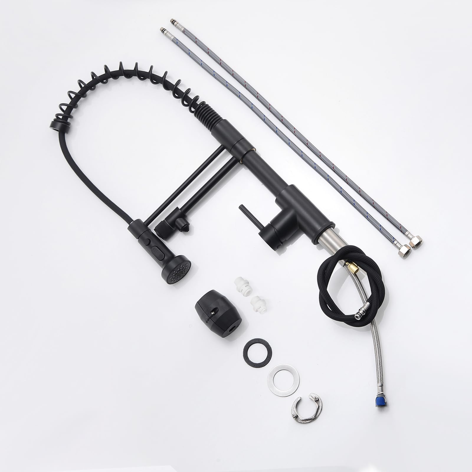TIMACO Grifo de cocina de 3 vías negro con alcachofa extraíble, grifo de cocina giratorio 360°, mezclador monomando de acero inoxidable, grifo de fregadero con grifo de agua de 3 en 1 para filtro de