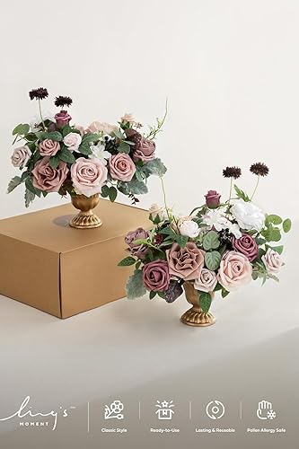 Miniatura 5 de Ling's moment Flores artificiales de rosa polvorienta y malva con jarrón para decoración de boda, centro de mesa en maceta para ceremonia,