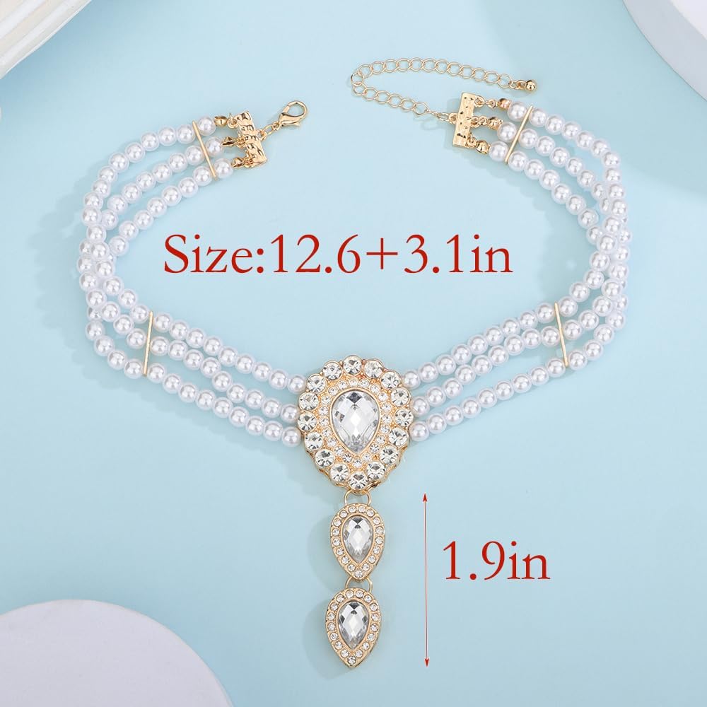 Jumwrit Dainty Layered Pearl Choker Necklace Boho Rhinestone Teardrop Butterfly Pendant Necklace Vintage Multi Strand Beaded 1920s Flapper Collar Chunky Chain Bridal Necklace for Women (Style1) - Image 7