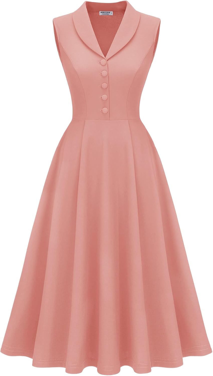 BeryLove Vintage 1950s Cocktail Dresses for Women Semi Formal Button Down A-Line Tea Party Dress