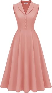 BeryLove Vintage 1950s Midi Cocktail Dresses for Women Wedding Guest Classy | Sleeveless Button Down Dress with Pockets, N...