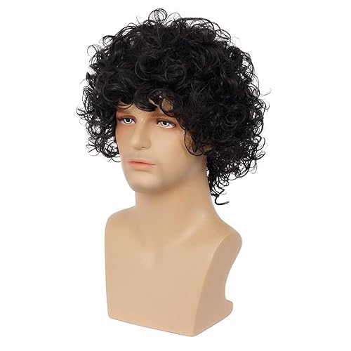 Wiwige Peluca rizada corta para hombre, peluca sintética negra para hombre, disfraz de Halloween de California, peluca de aspecto húmedo