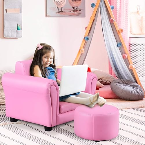 Miniatura 2 de GLACER Sofá para niños con reposapiés, mini sofá para niños con piel de PVC, reposabrazos y respaldo ergonómicos, soporta carga de 100 libras, sofá
