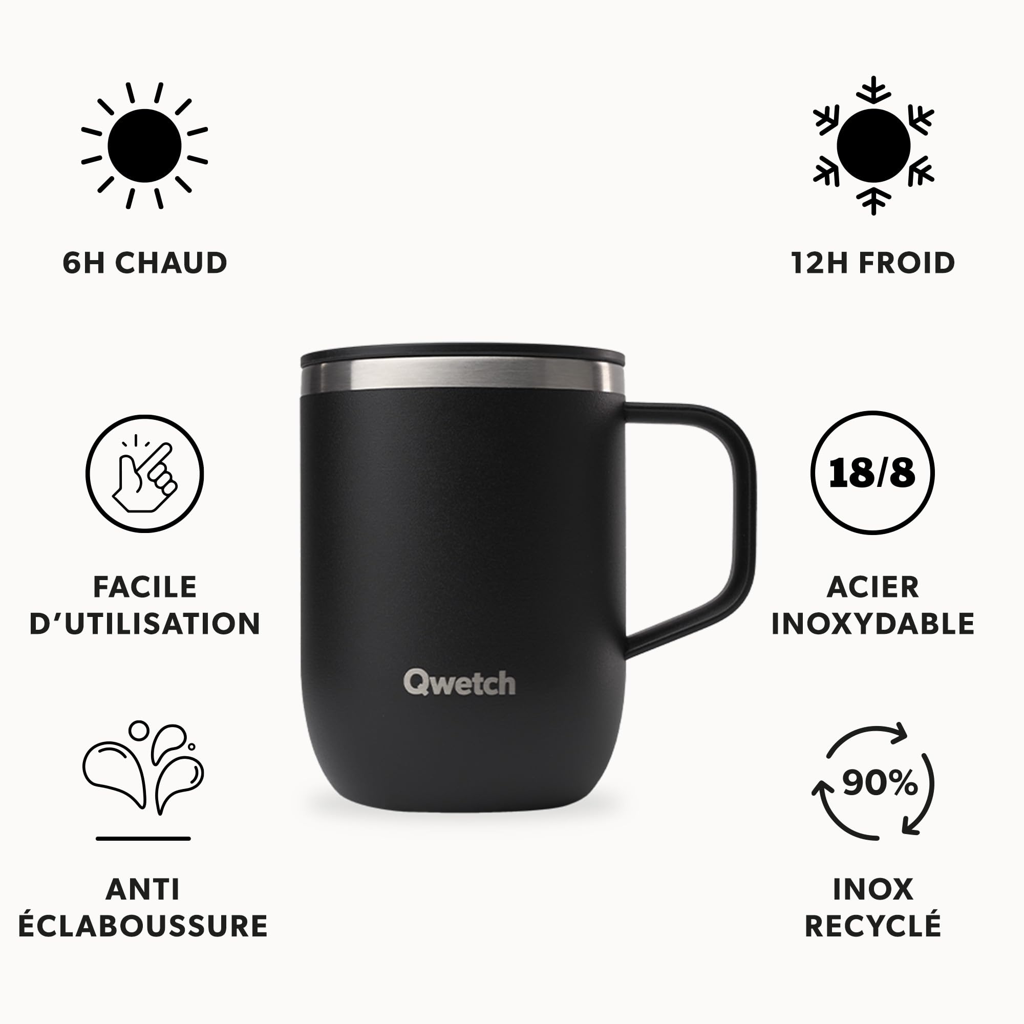QWETCH - Geïsoleerde Thermosbeker van roestvrij staal met handvat - Zwart 350ml - Koffie & Thee Thermosbeker - 6 uur