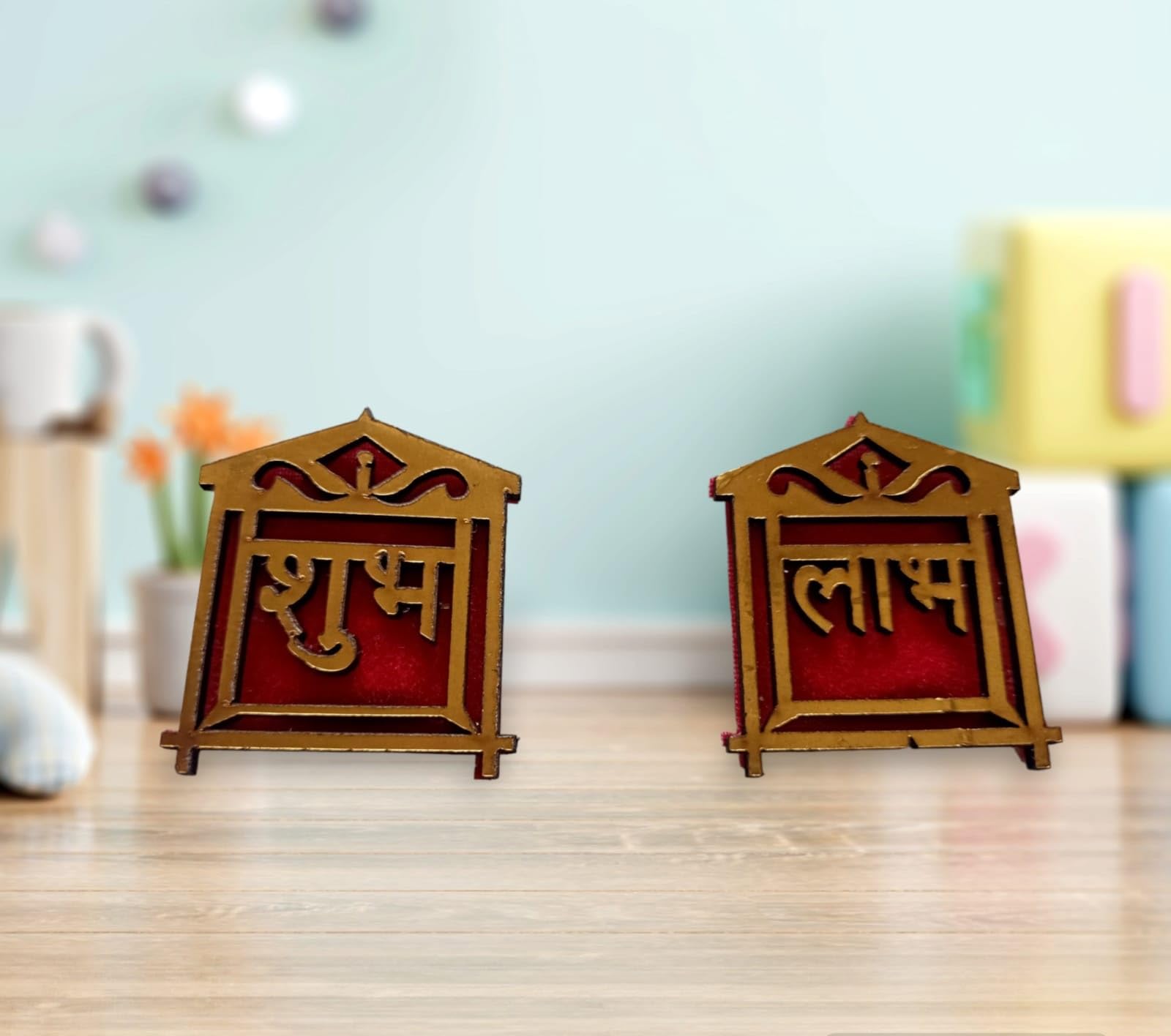 Denique Wooden Floral Shubh Labh Sticker (1 Pair) | Shubh Labh Wall Stickers Decoration Items for Main Door Entrance, Pooja Room, Mandir (Temple Shape Labh Shubh) 2