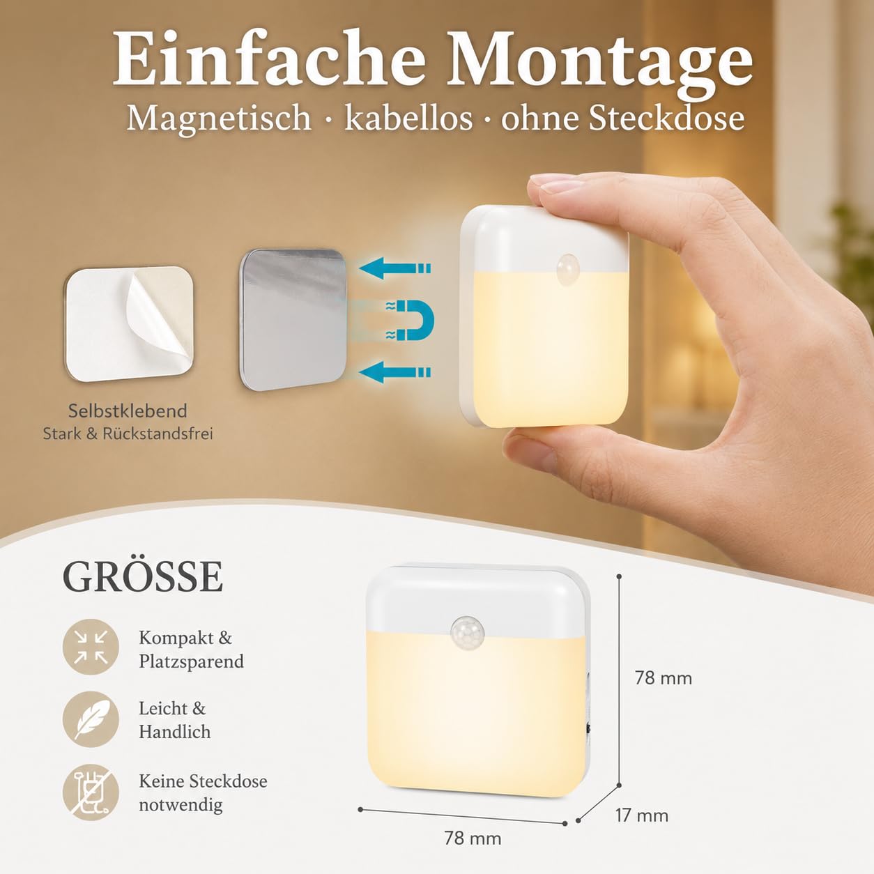 Nachtlicht mit Bewegungsmelder Akku Aufladbar Typ-C Innen, LED Nachtlampe 36 LEDs Treppenlicht mit Dämmerungssensorfür Flur, Schrank, Kinderzimmer, Treppe, 6er Pack, Warmweiß und Weiß (Umschaltbar)