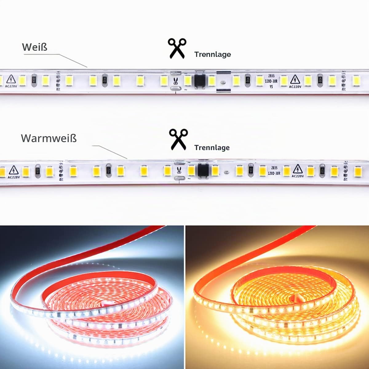 10m Warmweiß LED Band mit IC, direkt an AC 220V, selbstklebend, 2835 SMD 120 Leds/m Streifen, helle Beleuchtung, IP65 wasserdicht