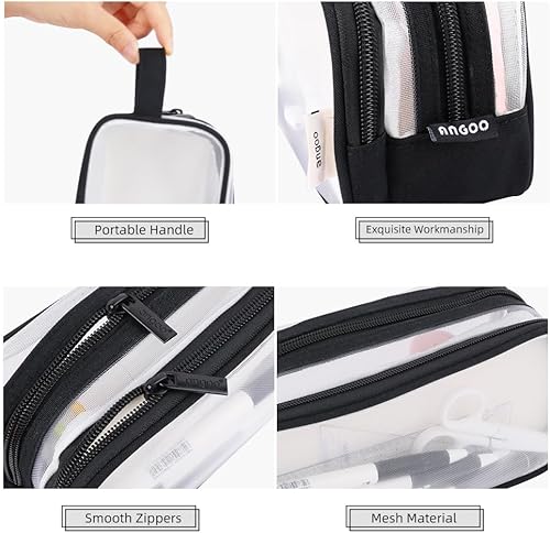 Miniatura 2 de Oyachic Estuche para lápices de 2 compartimentos de malla transparente para bolígrafos, bolsa de cosméticos para maquillaje, bolsa de cosméticos