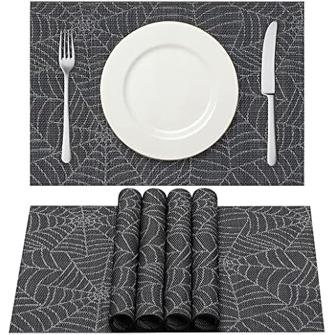 AHHFSMEI Placemats,Placemats Set of 6 for Dining Table Washable Woven Vinyl Non-Slip Placemat Heat-Resistant Durable Table Mats for Dining Table Easy to Clean(Grey Cobweb) Cover