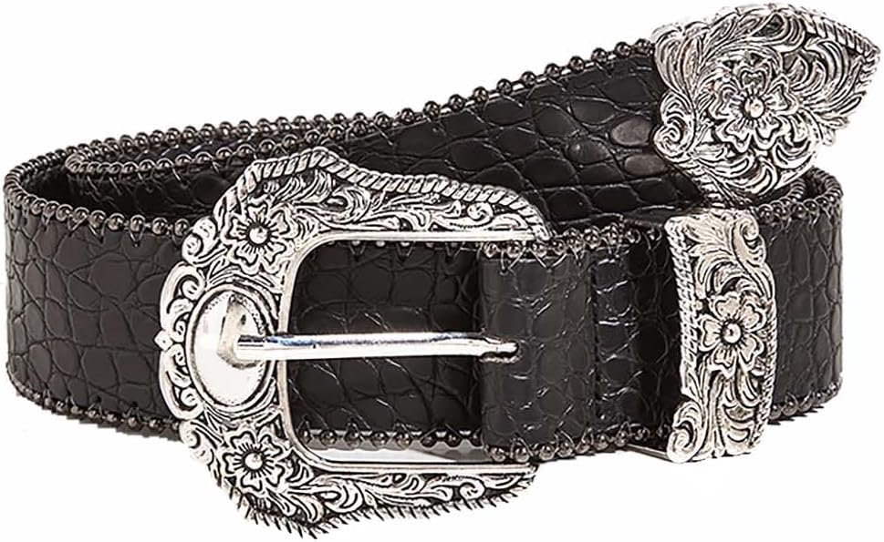 Yalice Black Leather Belt for Women Men Cowboys Cowgirls Belt for Jeans Vintage Western Buckle Belts