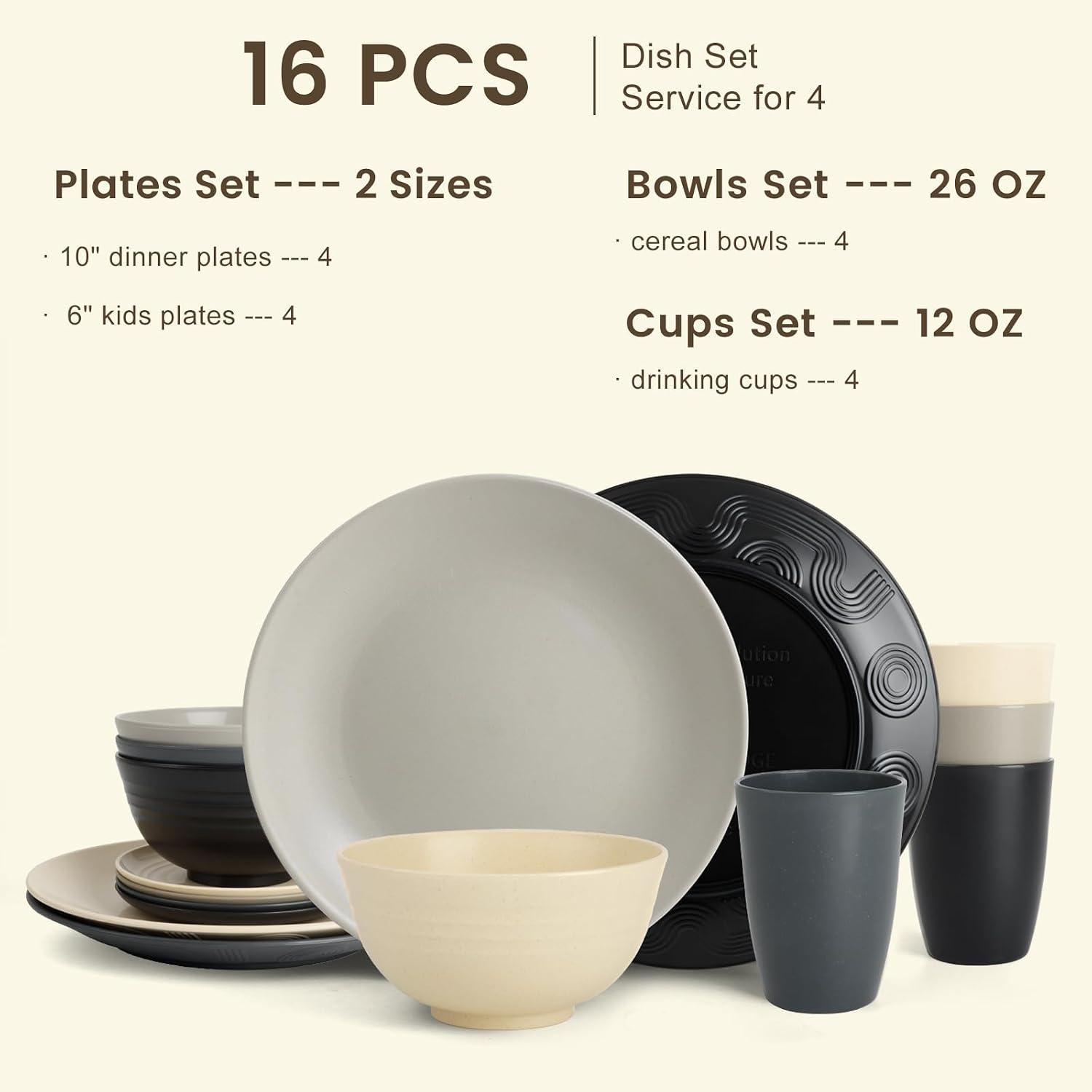 Homienly Wheat Straw Dinnerware Set - Dinner Plates, Cereal Bowls, Drinking Cups Set, Unbreakable 16 PCS Dish Set, Microwave and Dishwasher Safe Dishes for Home, Outdoor - Grey Stone image 2