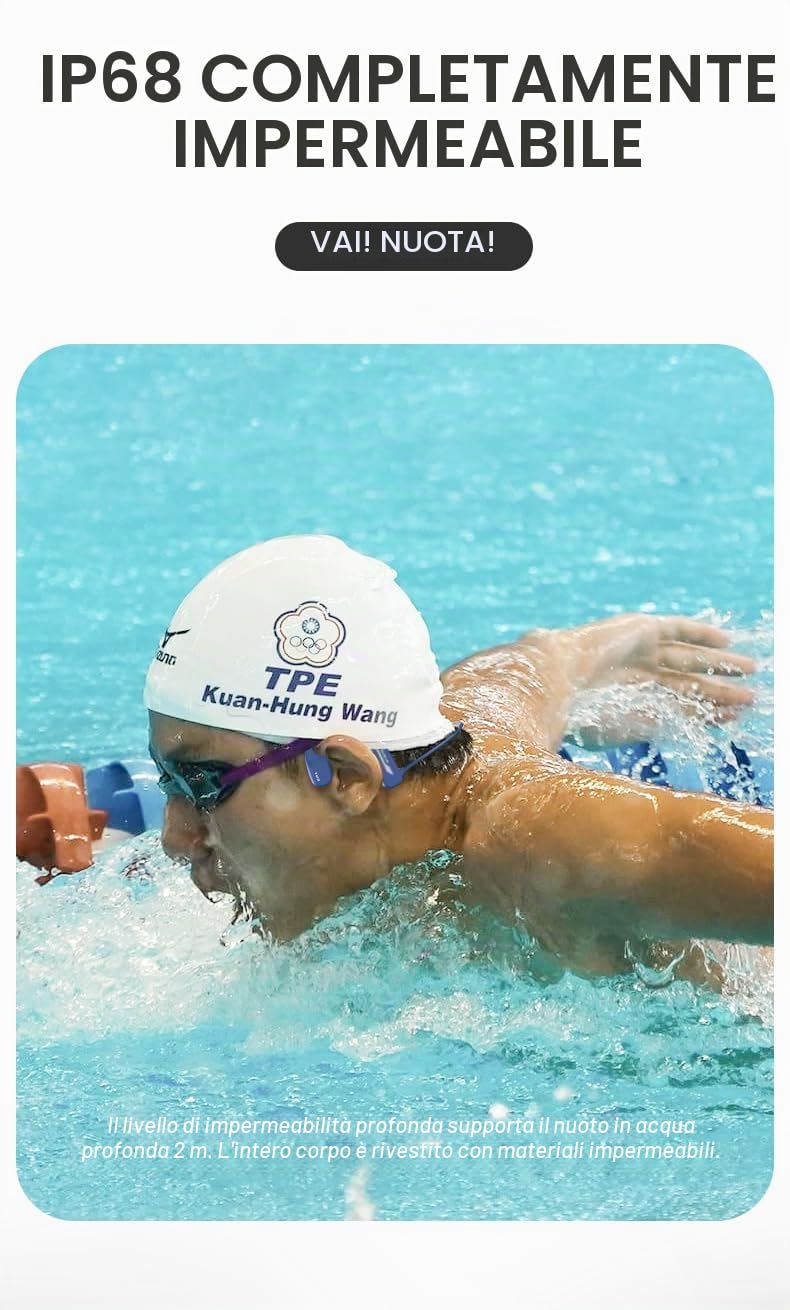 Open Ear Bone X2 - Casco sportivo a conduzione ossea senza fili con microfono integrato, standard CE, blutetooth 5.4, impermeabilità IP68, RAM integrata 8 GB, completamente impermeabile per nuoto