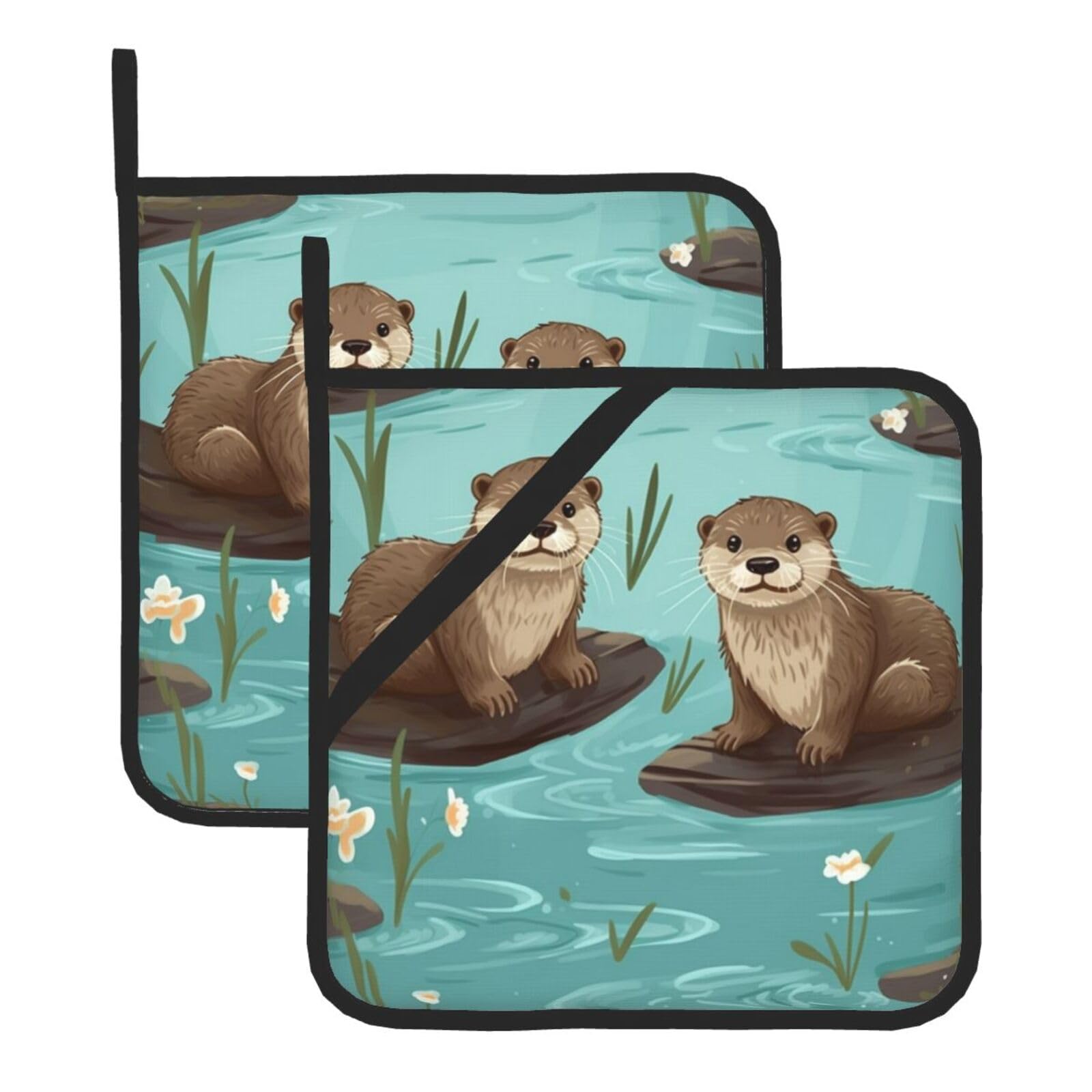 Anabprma Otters Square Pot Holders (Set Of 2), Kitchen Heat Resistant Pot Holders Sets, Oven Mitts, For Bbq Cooking Baking