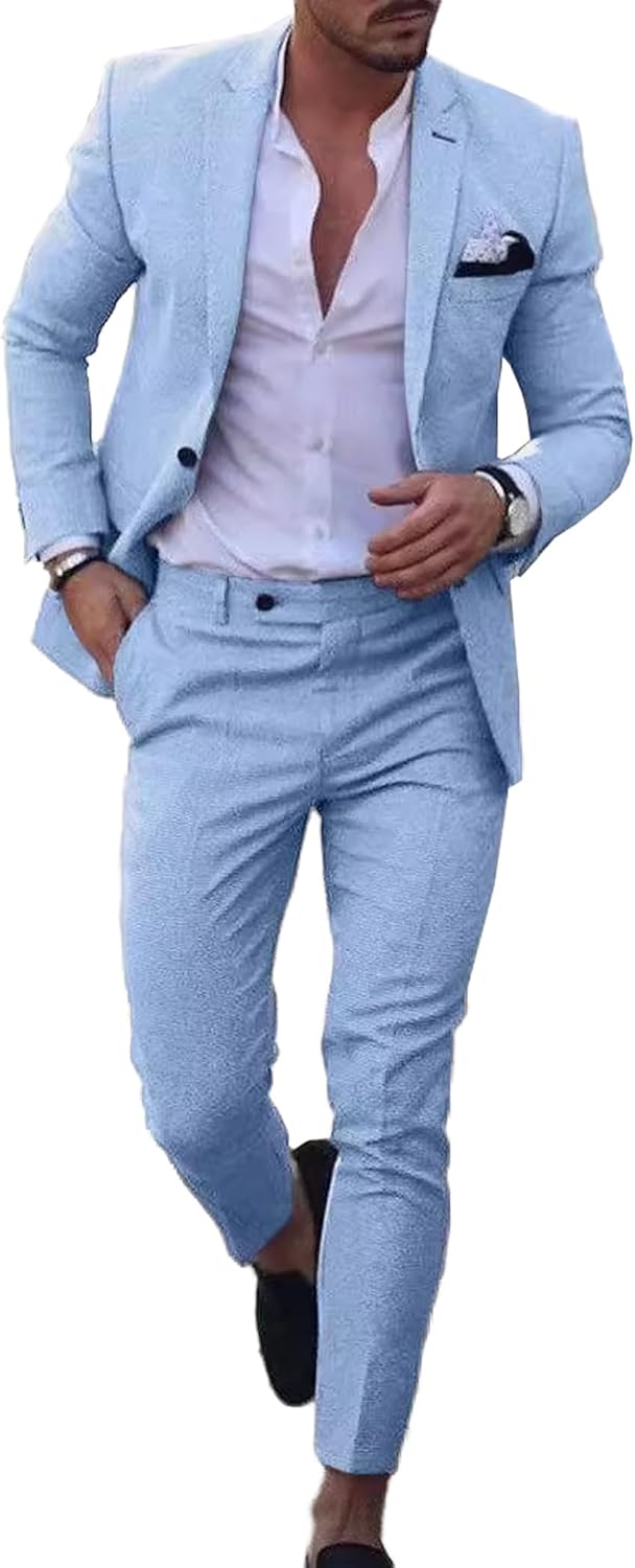 UNINUKOO Mens 2 Piece Suit Linen Summer Top Blazer Pants Sets Beach Wedding Wear Vacation Prom Suits for Men