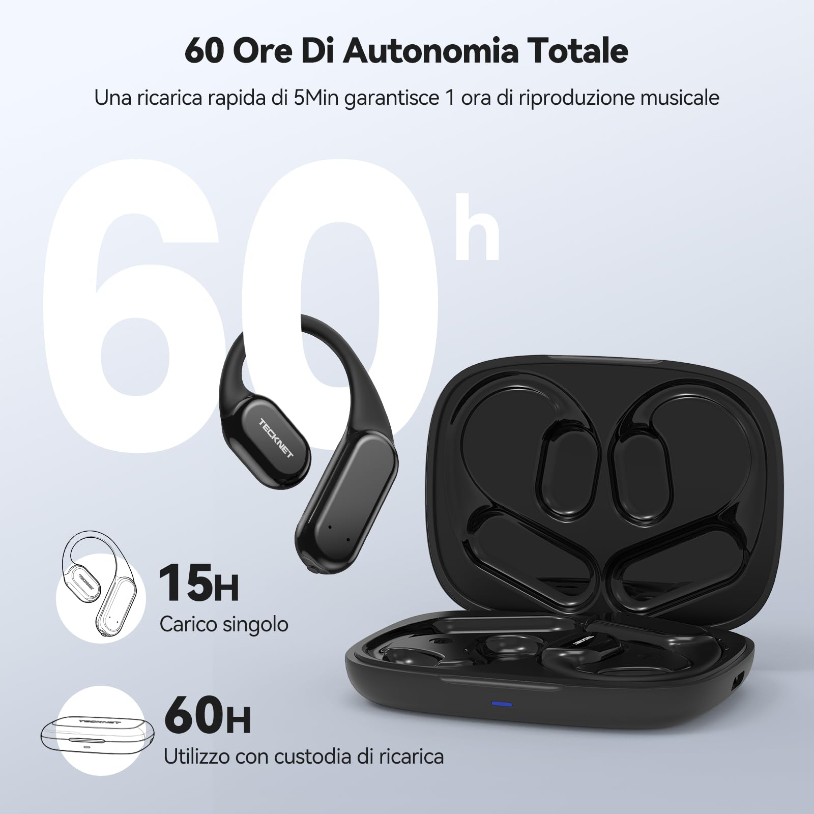 TECKNET Cuffie Open-Ear, Auricolari Bluetooth Wireless a Conduzione Ossea | Autonomia di 60 Ore con Ricarica Rapida, Impermeabilità IP68, Auricolari Bluetooth Sport Leggere.