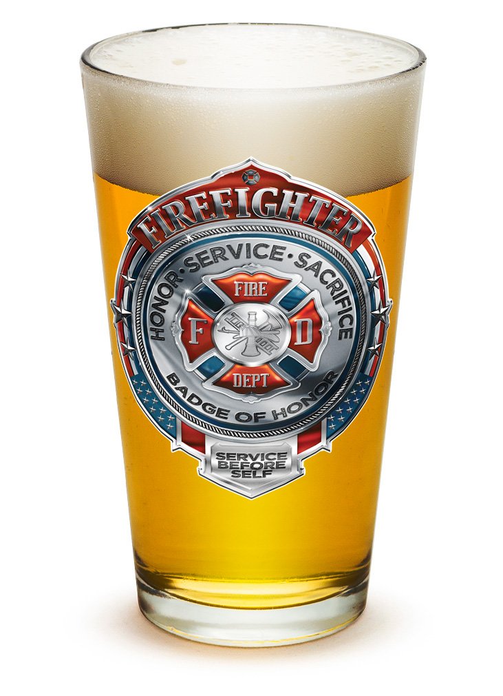 Erazor Bits Firefighter Fireman - Traditional Chrome Badge Classic Premium Beer Pint Glasses 16 Ounce - Set of 24 - Highball Cocktail Mixing Glass - Perfect for Cold Beverages - With Logo
