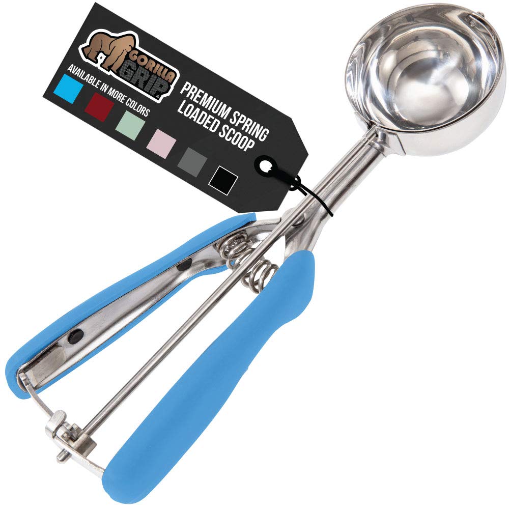 Gorilla Grip Premium Stainless Steel, Spring-Loaded Scoop for Fruit, Cookie and Ice Cream, Easy Squeeze and Clean Release, Comfortable Handle, Large 4 TBSP Scooper Size 16, Uniform Portions, Aqua