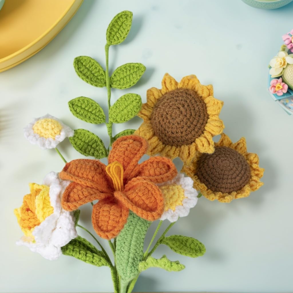 Handmade Crochet Sunflowers Crochet Flower Bouquet Artificial Flower Finished Bouquet for Home decor,Gift for Girls Lover