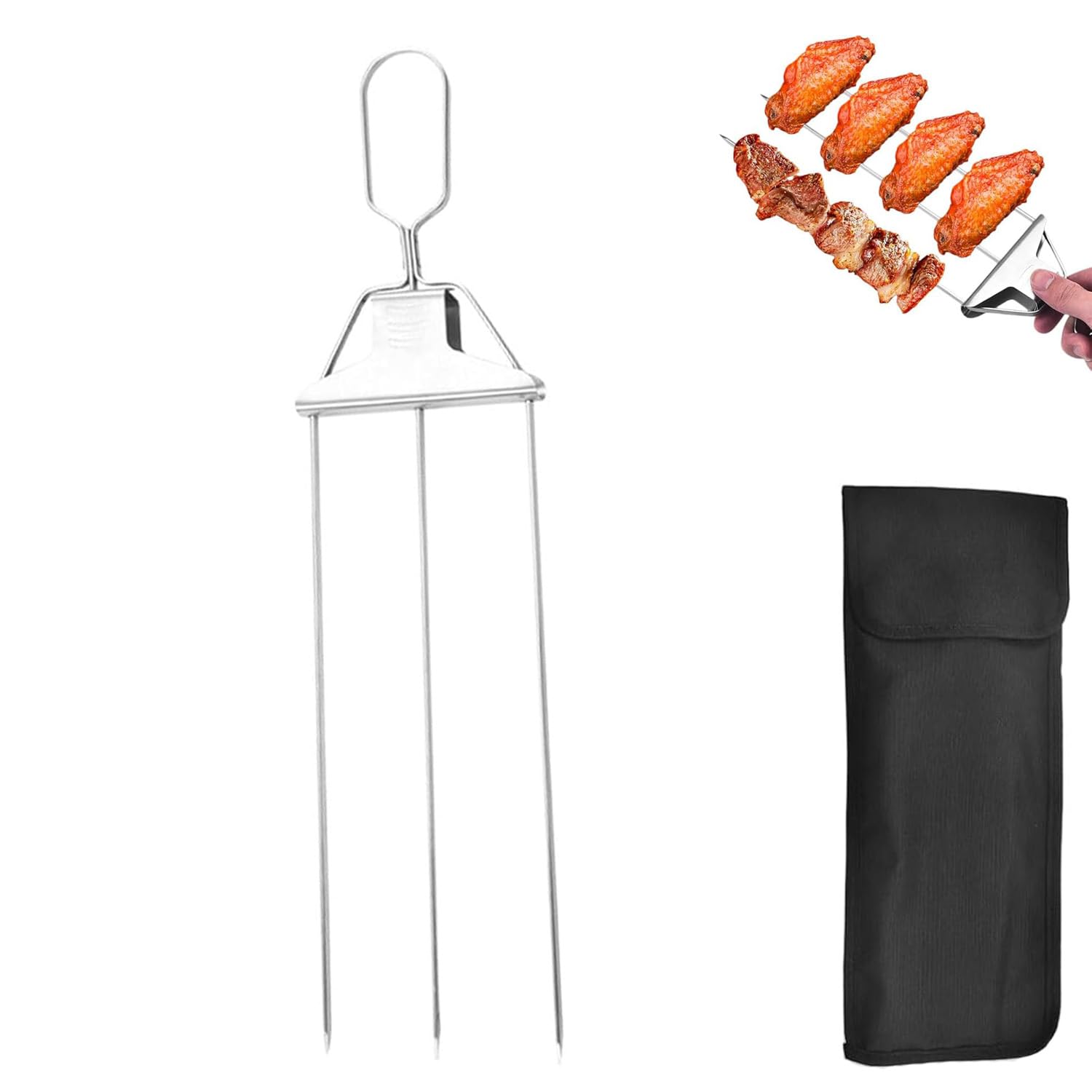 3-Way Grill Skewers, Reusable Metal Skewer, 14.7 Inch 3-Prong Metal BBQ Skewers for Grilling with Slider Push Bar, for Meat,Chicken,Sausages,Veggies,Shrimp and Outdoor Cooking (1PC+Bag)