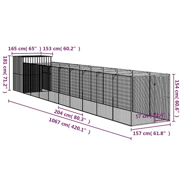 Foto 3 de 7 de vidaXL Caseta Perros con Corral Acero galvanizado Gris 165x1067x181 cm