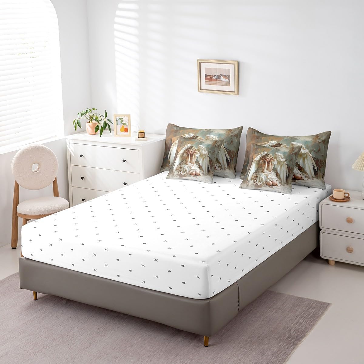 Erosebridal Angel Twin Bedding Set, Angel Wings Bed in A Bag,Watercolor Style Comforter Sets with Sheets, Oil Painting 7 Pieces Bed Set Bedroom Decor